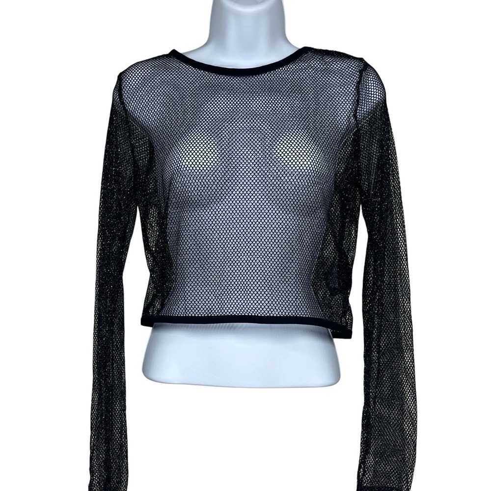 Killstar Sheer Mesh Long Sleeve Cropped Top Size M Black Silver Metallic Gothic